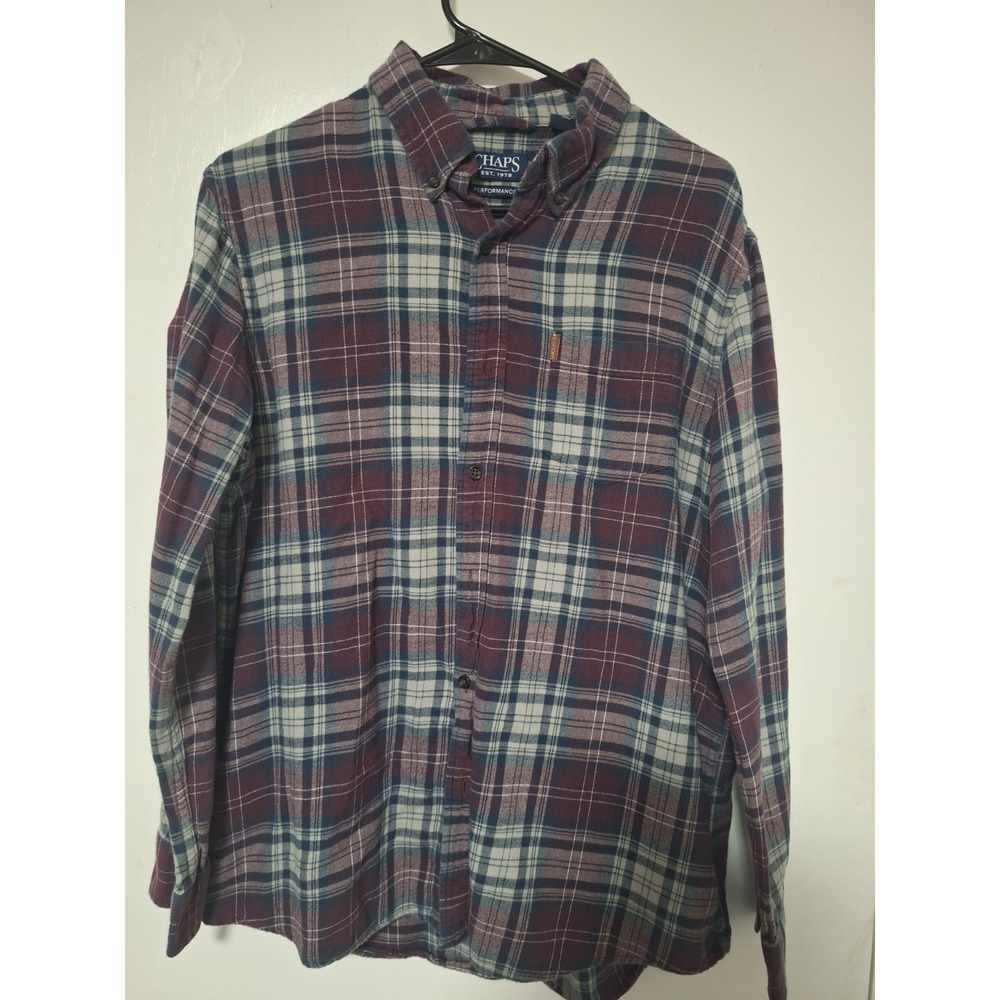 Chaps Performance Plaid Flannel Shirt Men's Large Burgundy Blue Button Down